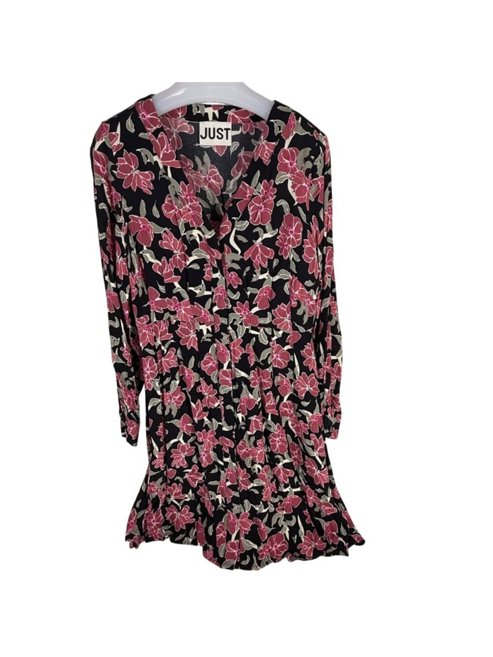 JUST Female Long-Sleeve Black & Pink Floral Dress Button-Front V-Neck S